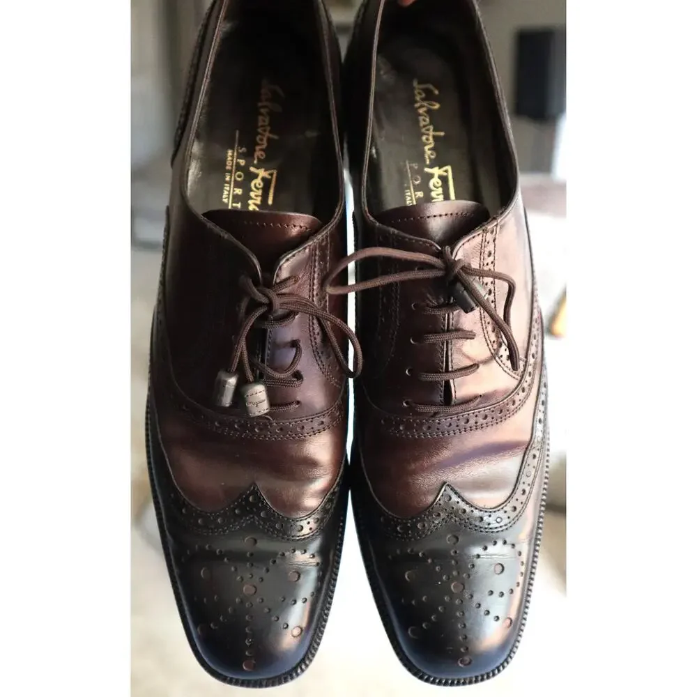Salvatore Ferragamo Brown Black Leather Oxford Women 9.5 4A Narrow Wingtip AAAA